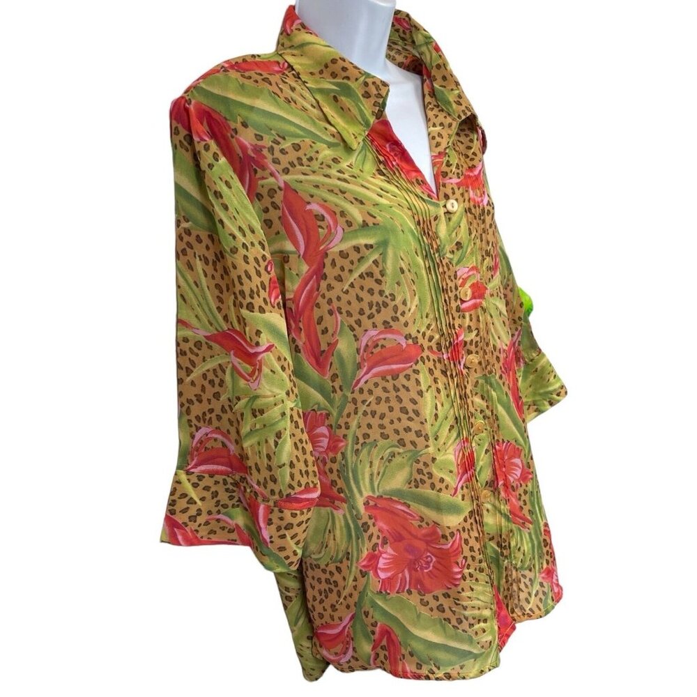 Caran New York Green Orange Semi Sheer Floral 3/4 Sleeve Top Blouse SZ 1X